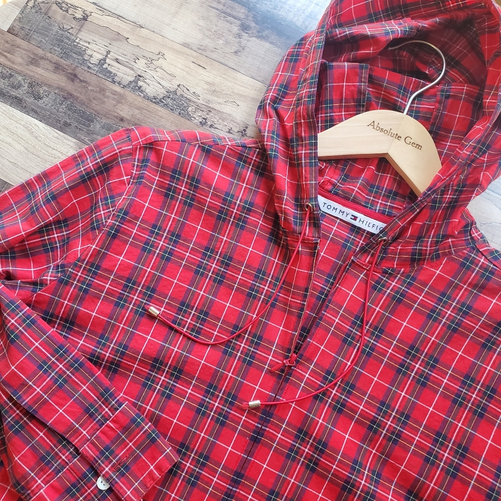 Tommy Hilfiger Red Tartan Plaid Lightweight Active Half Zip Hooded Shirt Top 10